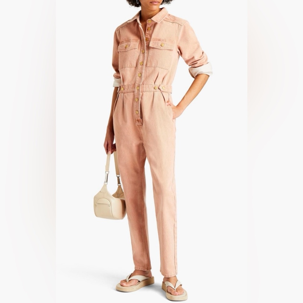 New Triarchy Denim Button Down Jumpsuit Romper Cinched Waist Option Stonewashed